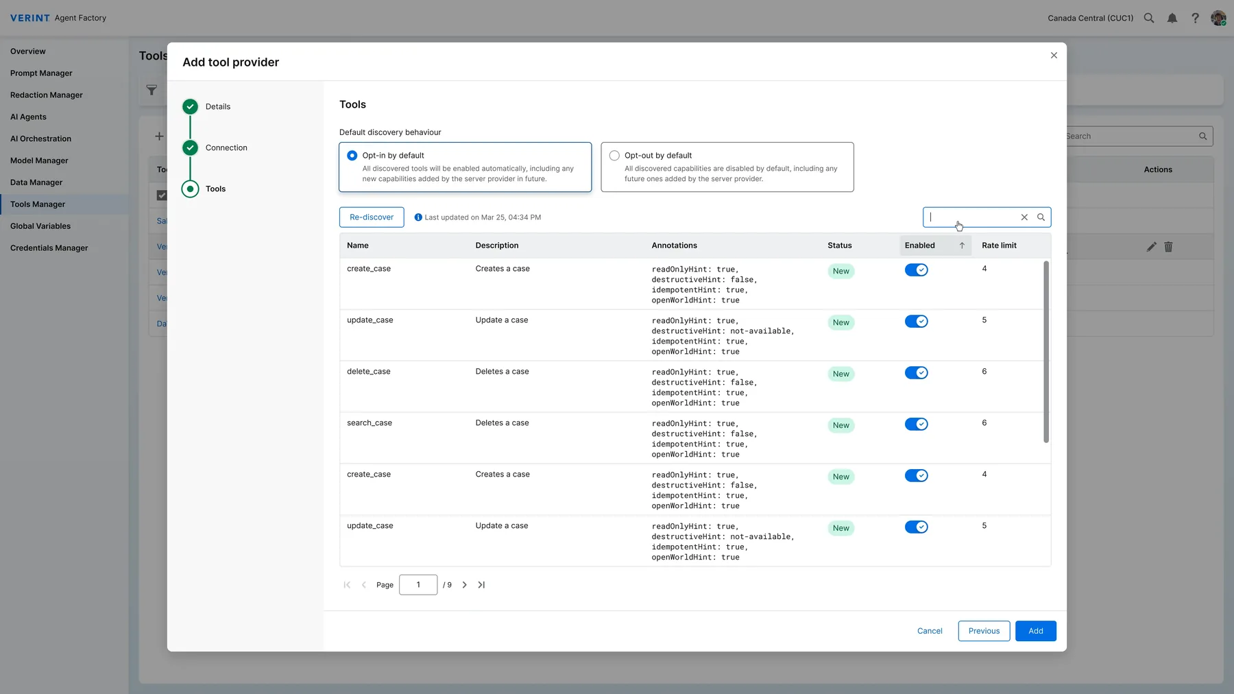 Verint Agent Factory in light mode: the Add tool provider modal over the Tools Manager page, with a stepper, radio cards, a data table of tool names and annotations, status badges and toggles.