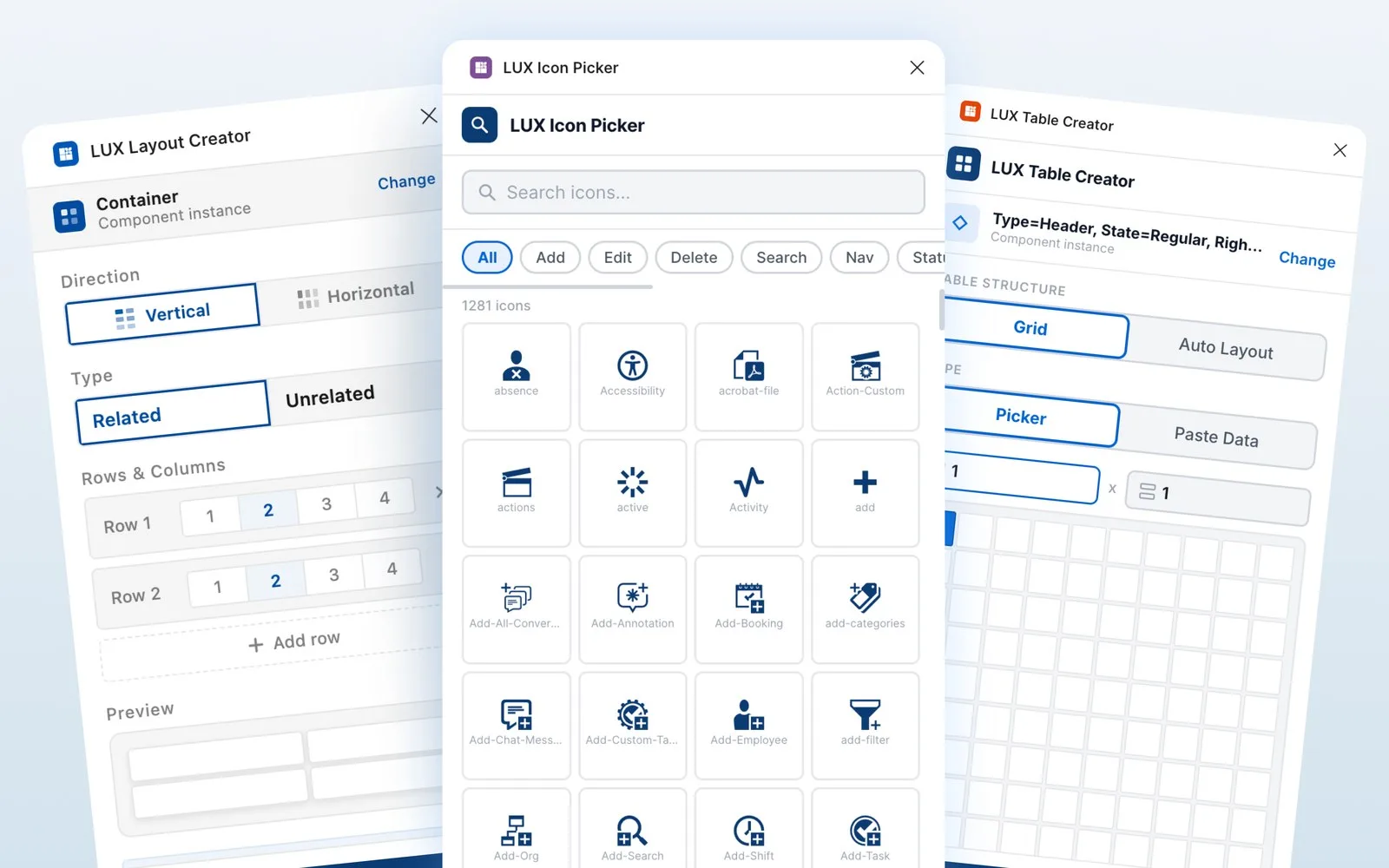 LUX Plugins - Figma plugin UIs for token sync, layout creation, table generation, and icon search